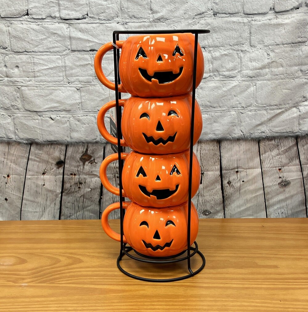 Celebrate! Halloween Jack-o'-lantern Mugs w/ Wire Rack 14 oz (4)